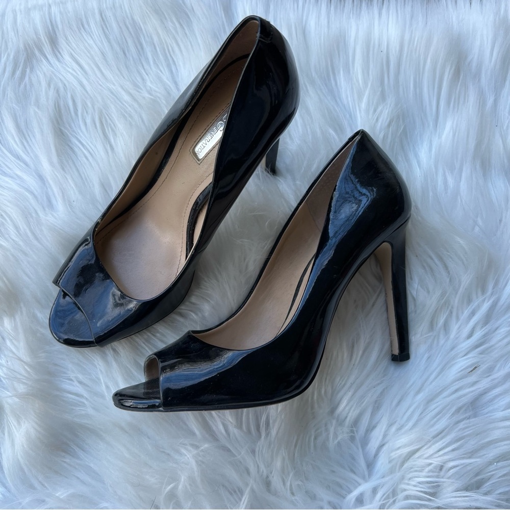 BCBGeneration Black Patent Leather Peep Toe Heeled Pumps